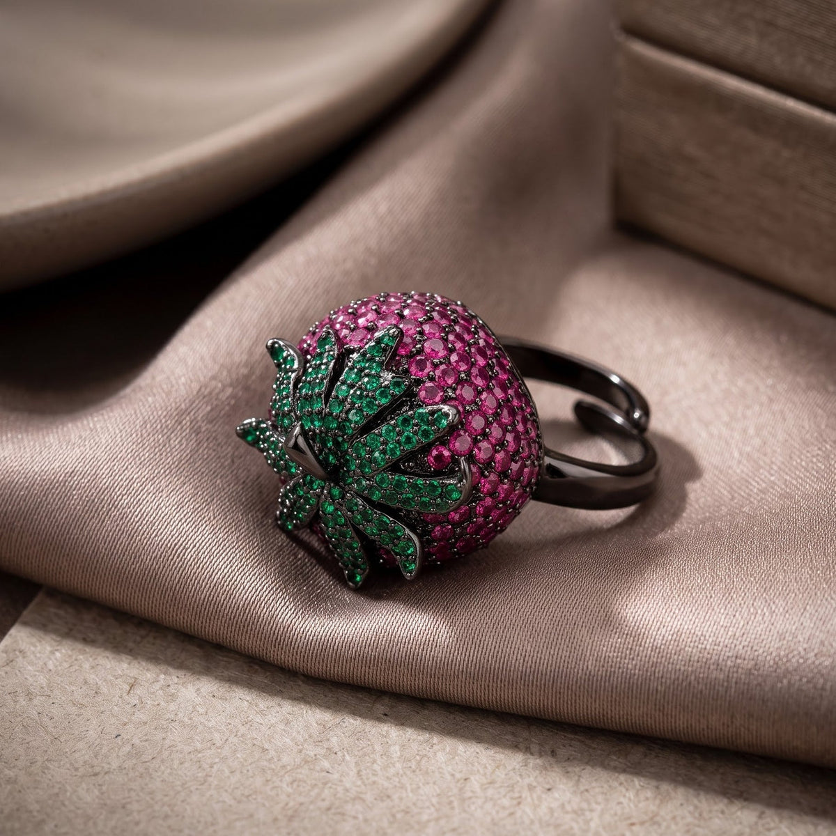 Botanica Pink & Green Strawberry Ring, Black Ruthenium