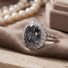 Grey Crystal Oval Halo Statement Cocktail Ring, Rhodium finish