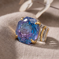 Canvas Crystal Emerald Cut Two-Tone Statement Cocktail Ring, Gold & Rhodium finish