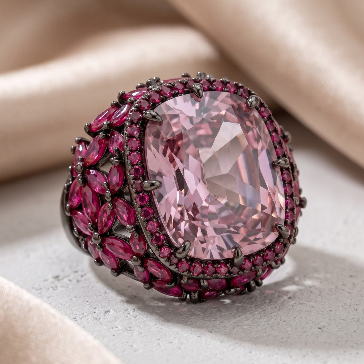 Jardina Ruthenium Crystal Floral Statement Cocktail Ring, Black Rhodium finish