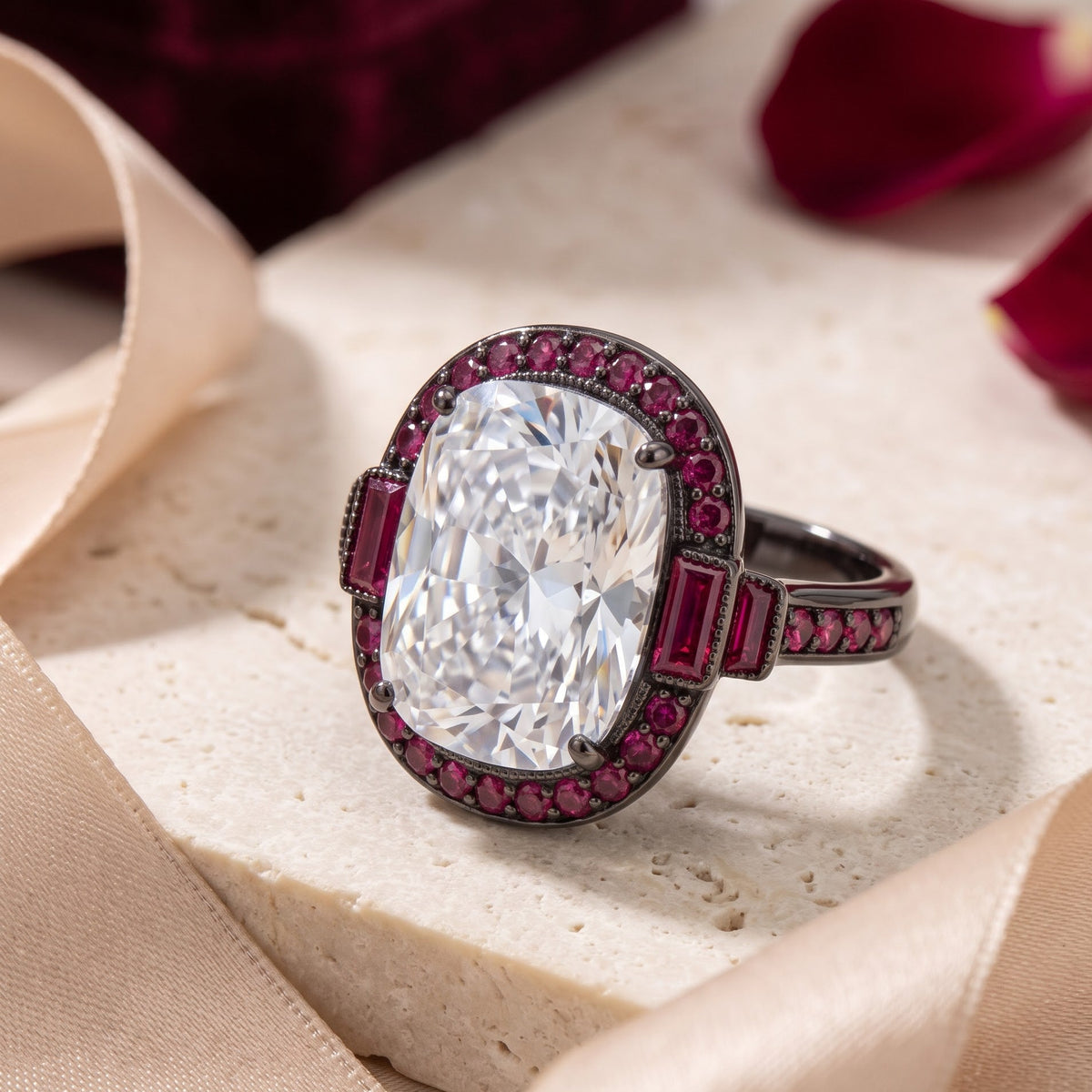 Cadence White Crystal Oval Cocktail Ring with Ruby Halo, Black Rhodium finish