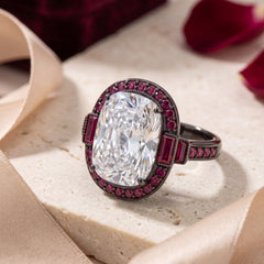 Cadence White Crystal Oval Cocktail Ring with Ruby Halo, Black Rhodium finish