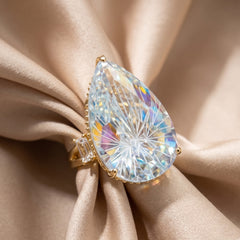 Crystal Pear Solitaire Cocktail Ring, Gold finish