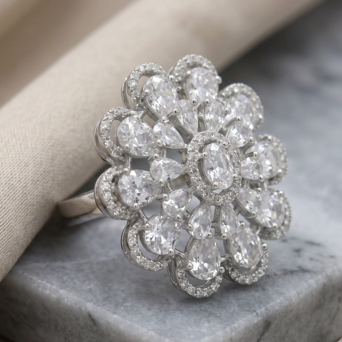 Crystal Oval Floral Cluster Cocktail Ring, Rhodium finish
