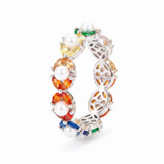 Multicolour Pearl & CZ Half-Eternity Band Ring – Silver-Tone Stackable Ring