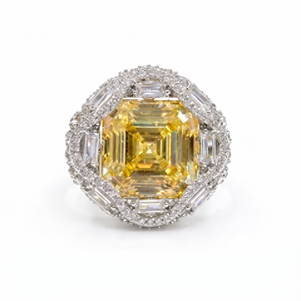 Yellow Crystal Emerald Cut Statement Cocktail Ring, Gold & Rhodium finish