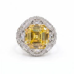 Yellow Crystal Emerald Cut Statement Cocktail Ring, Gold & Rhodium finish