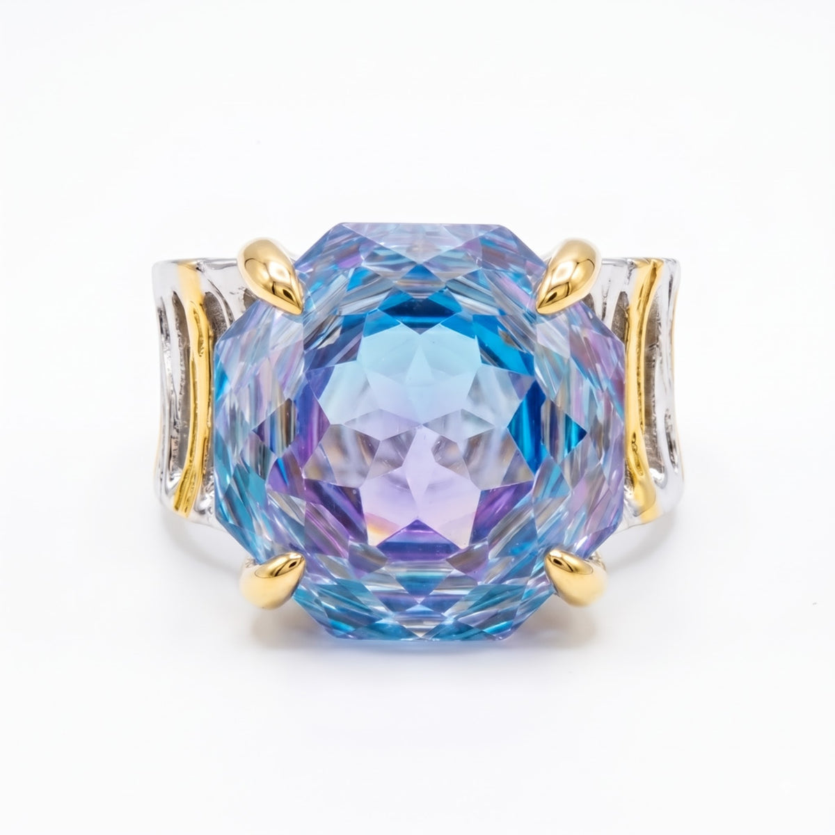 Canvas Crystal Emerald Cut Two-Tone Statement Cocktail Ring, Gold & Rhodium finish