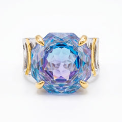Canvas Crystal Emerald Cut Two-Tone Statement Cocktail Ring, Gold & Rhodium finish