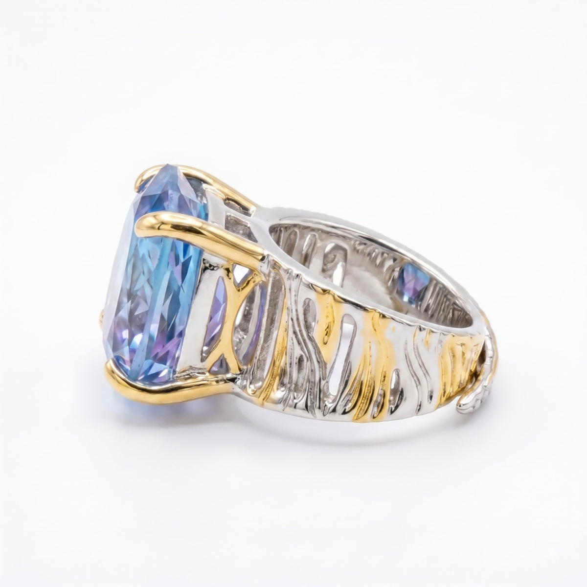 Canvas Crystal Emerald Cut Two-Tone Statement Cocktail Ring, Gold & Rhodium finish