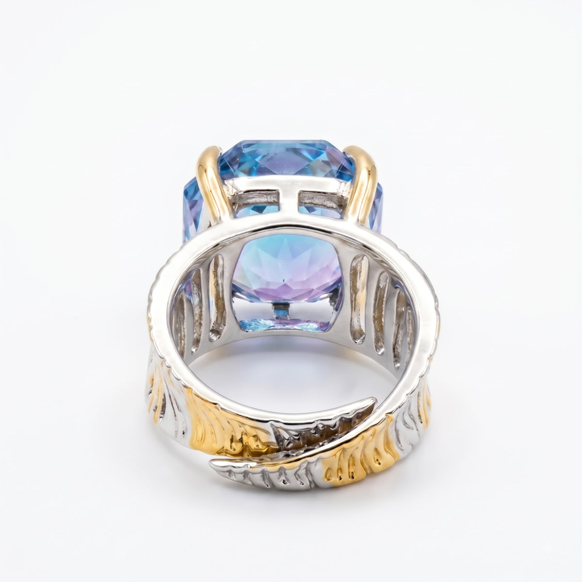 Canvas Crystal Emerald Cut Two-Tone Statement Cocktail Ring, Gold & Rhodium finish