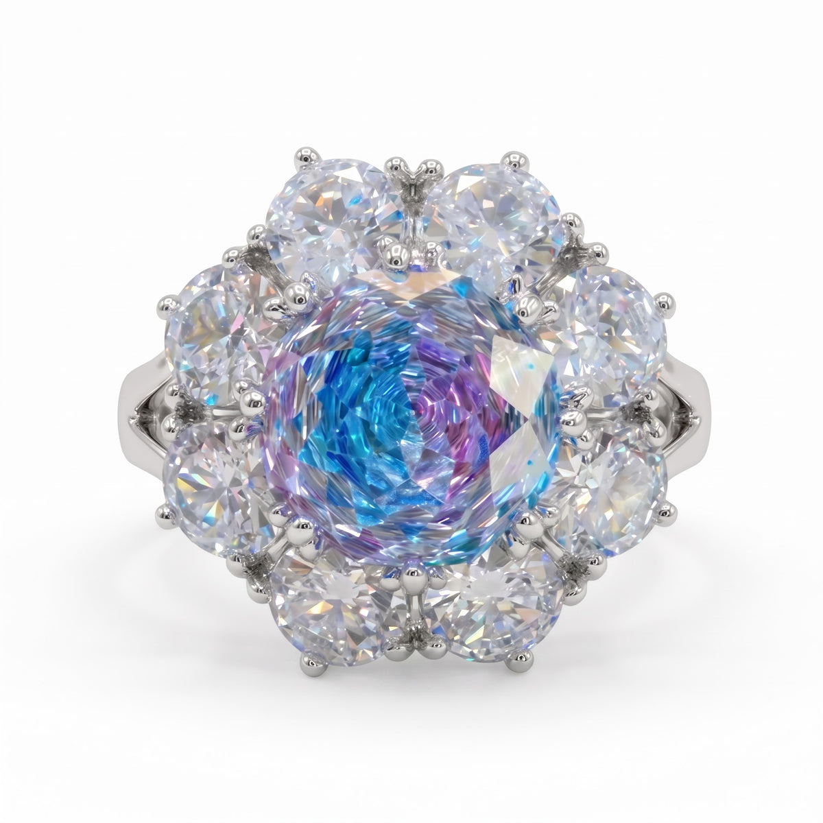 Aurora Crystal Cushion Halo Cocktail Ring, Rhodium finish