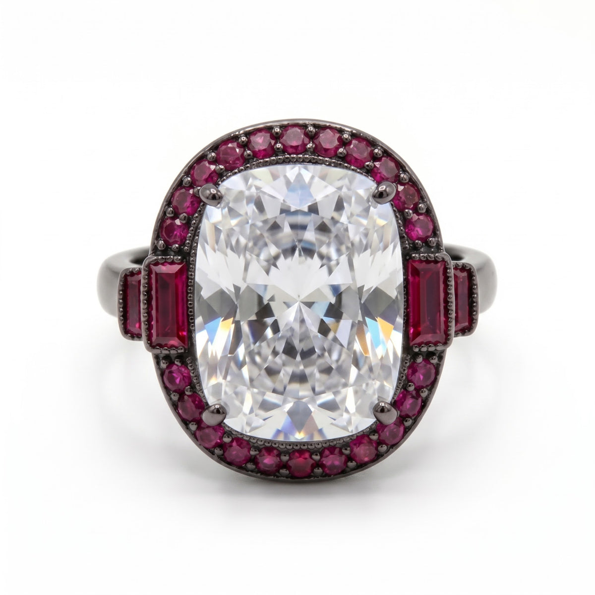 Cadence White Crystal Oval Cocktail Ring with Ruby Halo, Black Rhodium finish