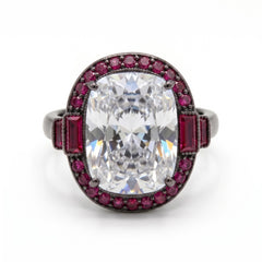 Cadence White Crystal Oval Cocktail Ring with Ruby Halo, Black Rhodium finish