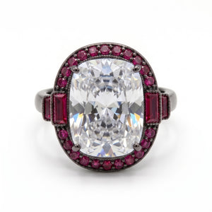Cadence White Crystal Oval Cocktail Ring with Ruby Halo, Black Rhodium finish