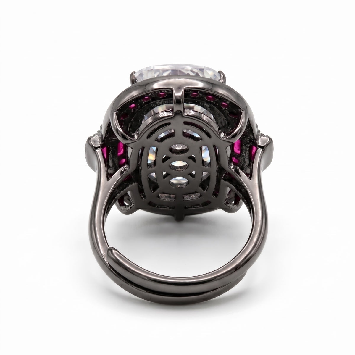 Cadence White Crystal Oval Cocktail Ring with Ruby Halo, Black Rhodium finish