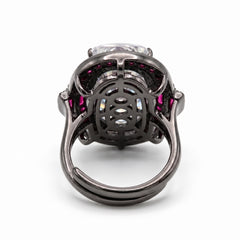 Cadence White Crystal Oval Cocktail Ring with Ruby Halo, Black Rhodium finish