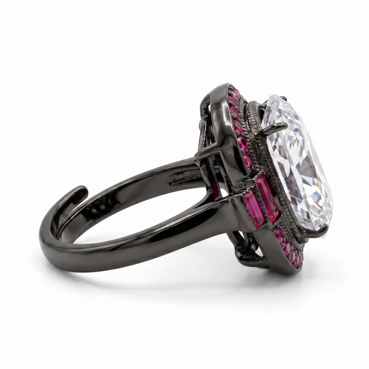 Cadence White Crystal Oval Cocktail Ring with Ruby Halo, Black Rhodium finish