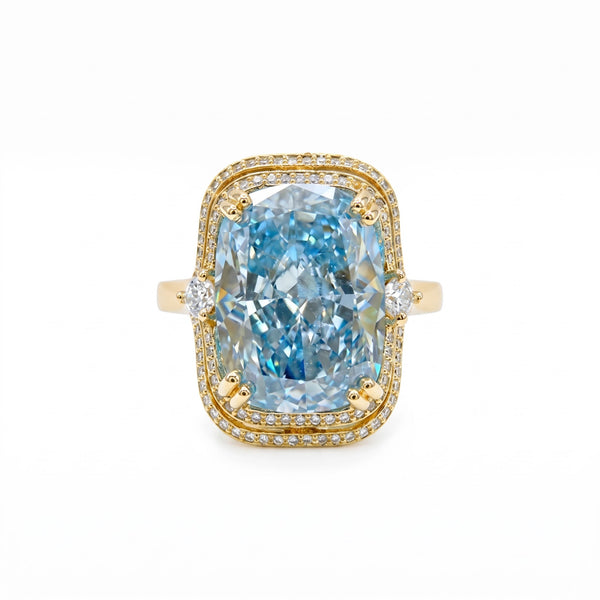 Crystal Cushion Cut Double Halo Statement Cocktail Ring, Gold finish