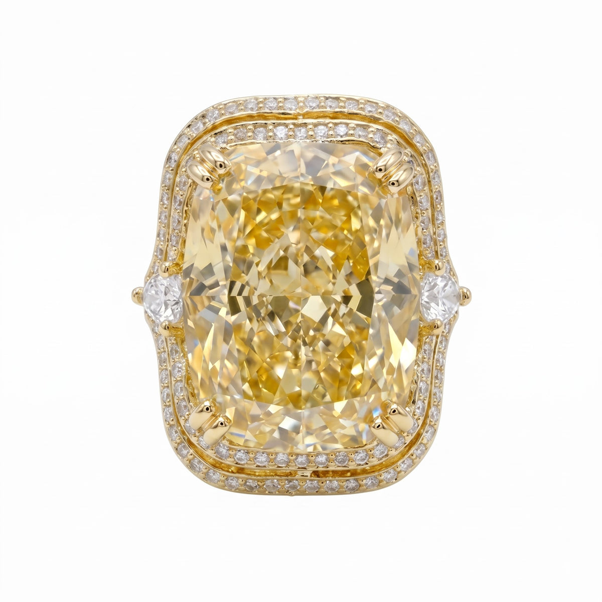Crystal Cushion Cut Double Halo Statement Cocktail Ring, Gold finish