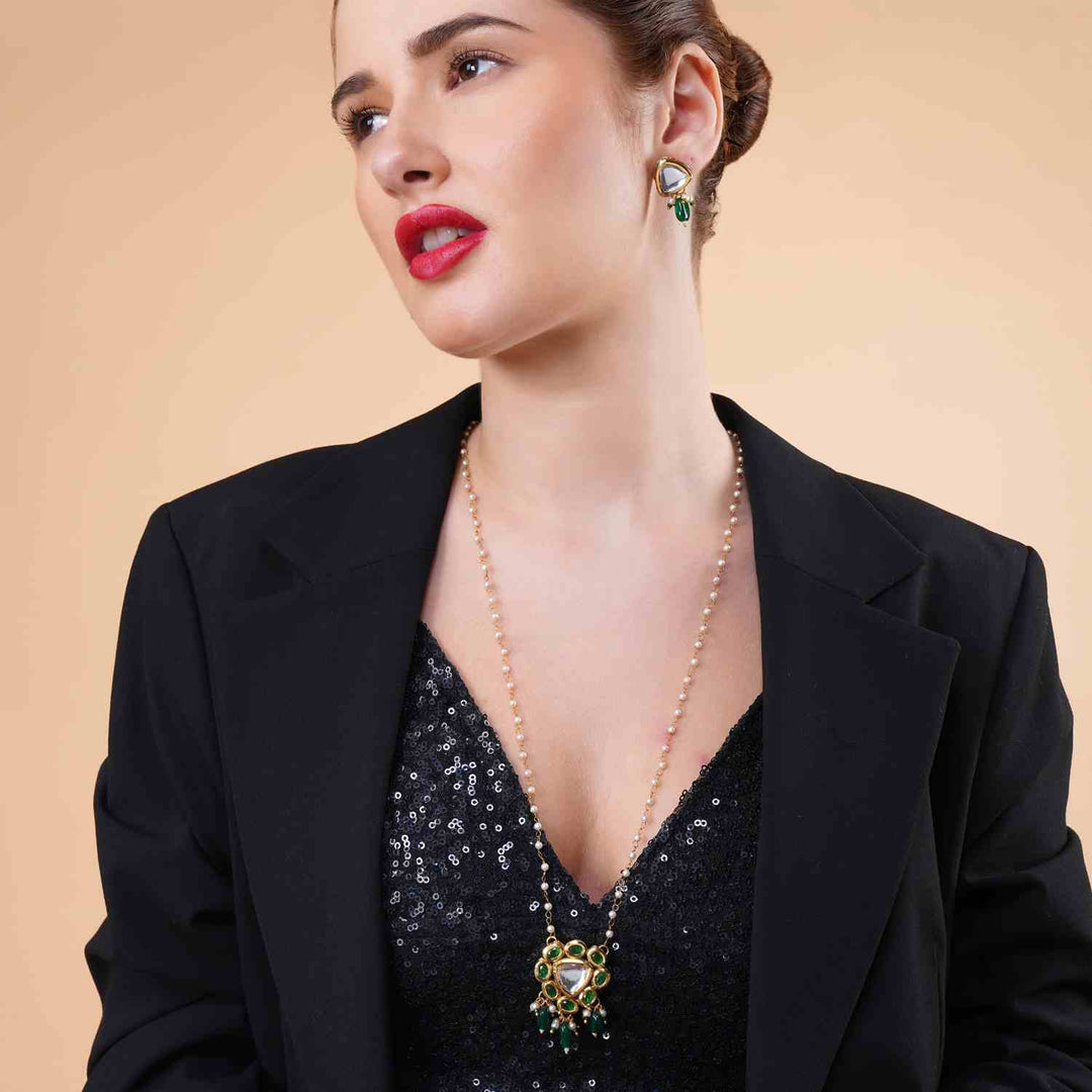 Traditional Gold Plated Jewellery with Green Stones and Pearl Bead Drops 