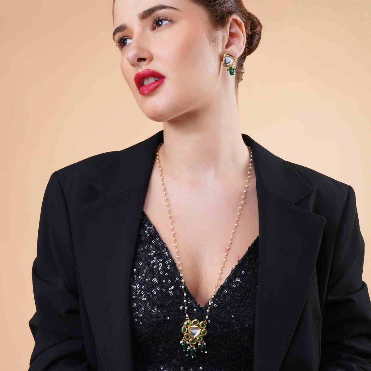 Traditional Gold Plated Jewellery with Green Stones and Pearl Bead Drops 