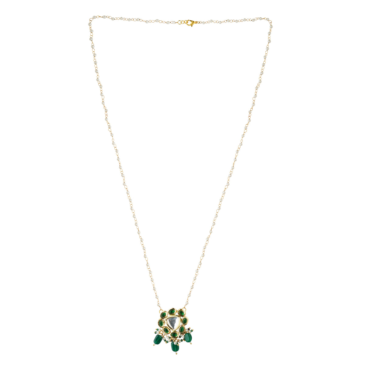 Traditional Gold Plated Jewellery with Green Stones and Pearl Bead Drops Close-Up Product Image