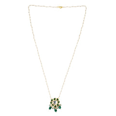 Traditional Gold Plated Jewellery with Green Stones and Pearl Bead Drops Close-Up Product Image