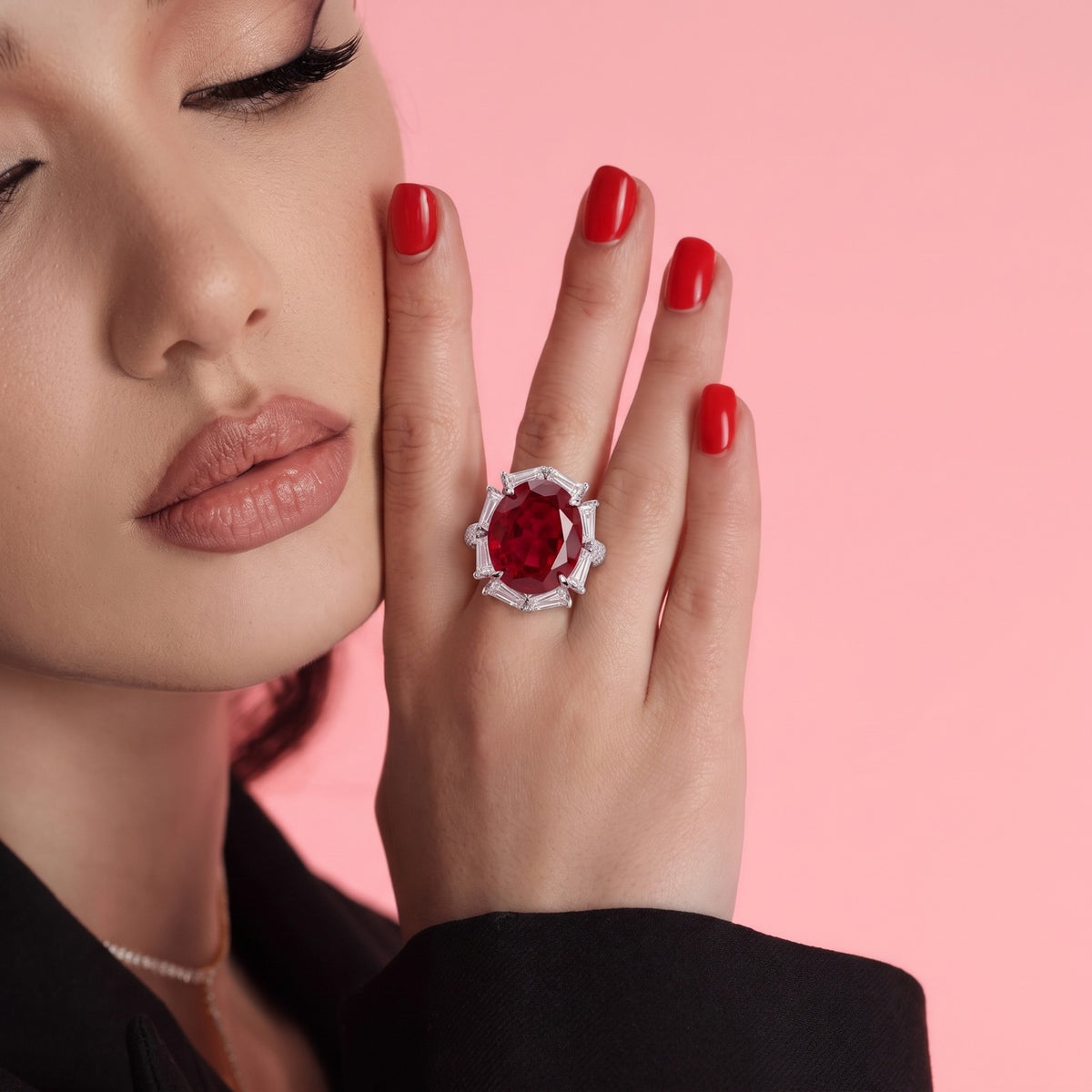 Red ruby oval cocktail ring for women, adjustable - RANGREZ (view 4)
