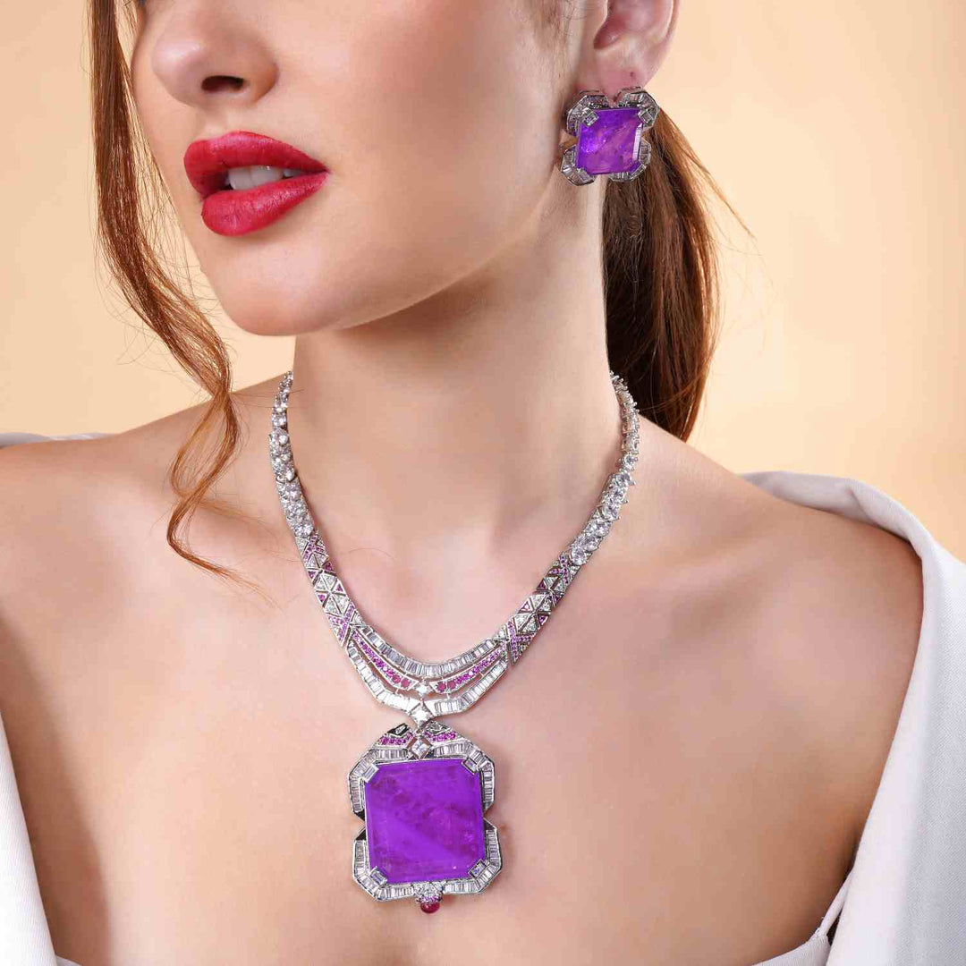 Zoya silver plated purple stone necklace set with matching earrings
