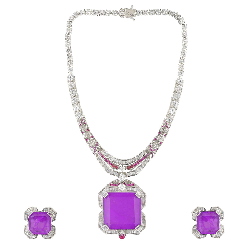Zoya silver plated purple stone necklace set with matching earrings Close-Up Product Image