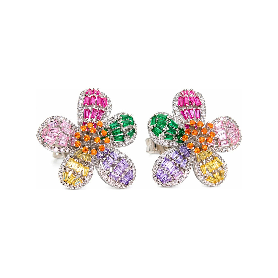 Multicolour Crystal Baguette Flower Stud Earrings