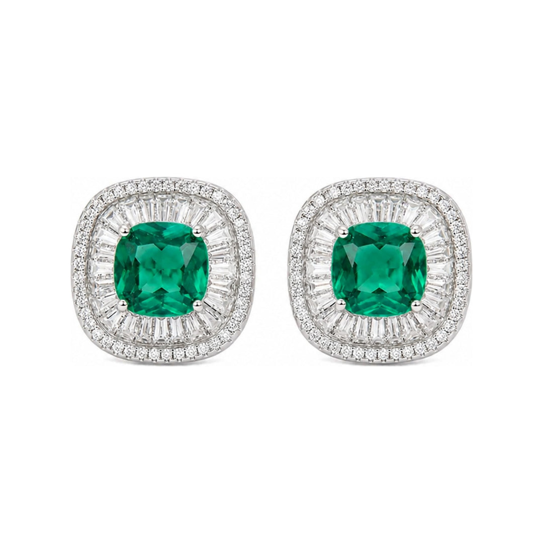 Green Crystal Cushion Baguette Halo Stud Earrings
