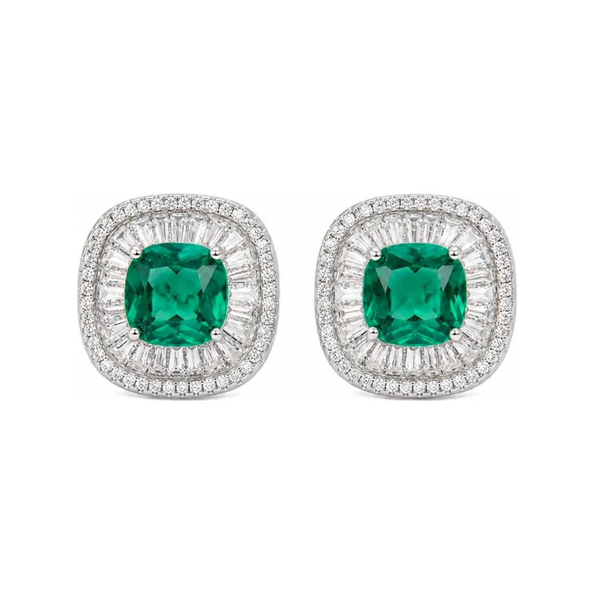 Green Crystal Cushion Baguette Halo Stud Earrings