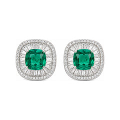 Green Crystal Cushion Baguette Halo Stud Earrings