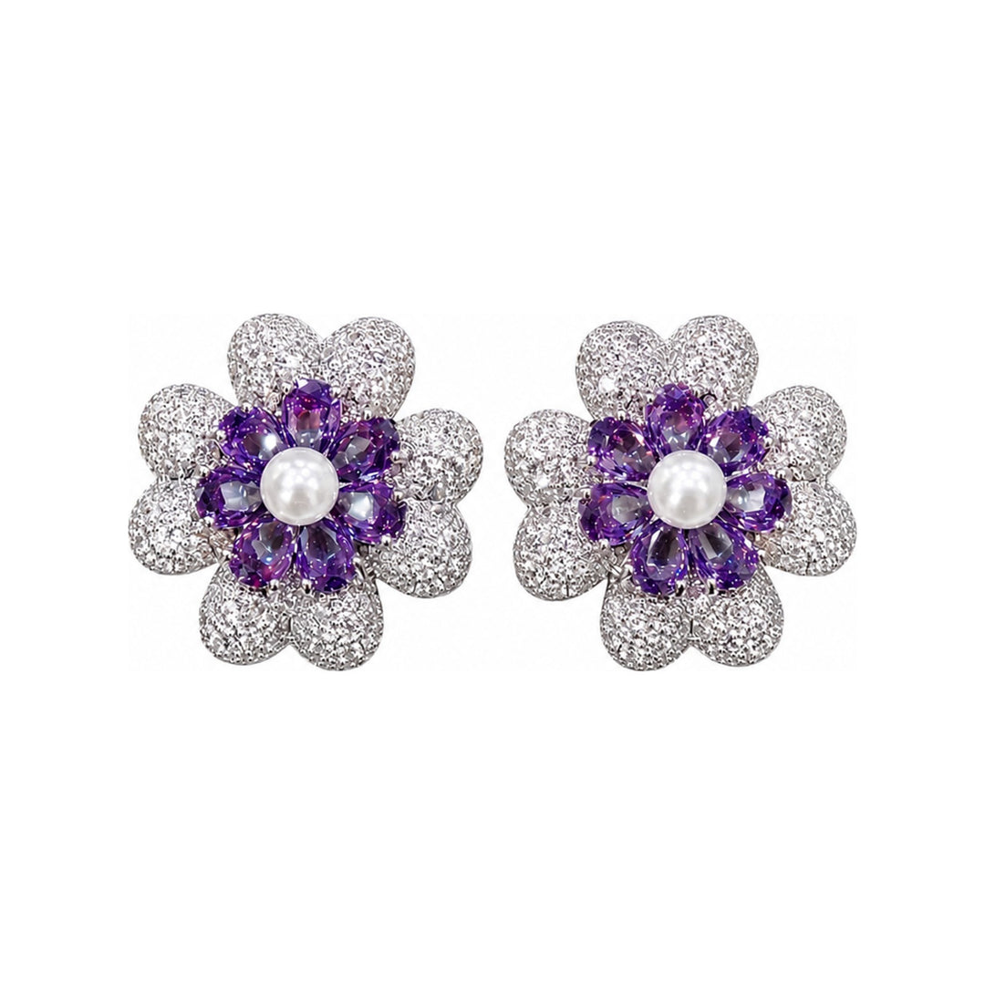 White & Purple Crystal Pearl Flower Stud Earrings