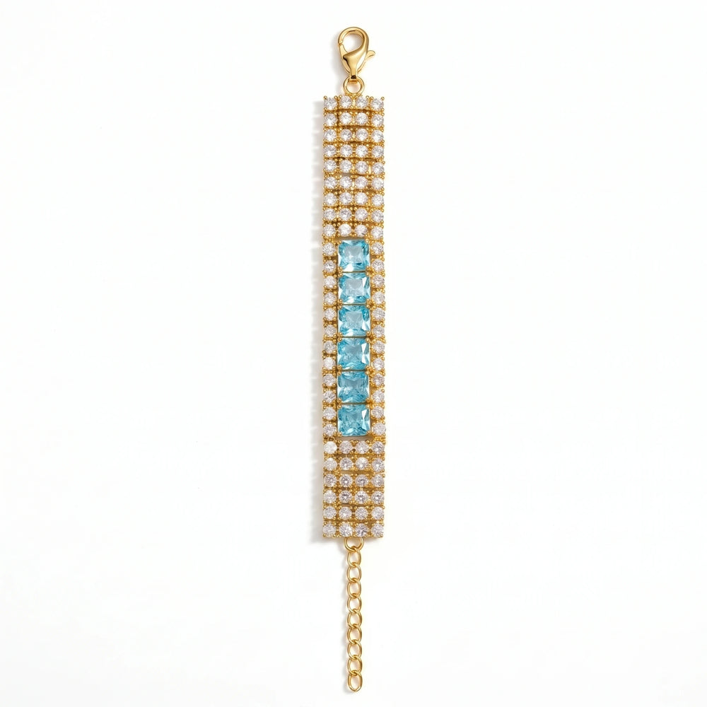 Blue crystal pave statement bracelet for women, gold finish - RANGREZ (view 2)