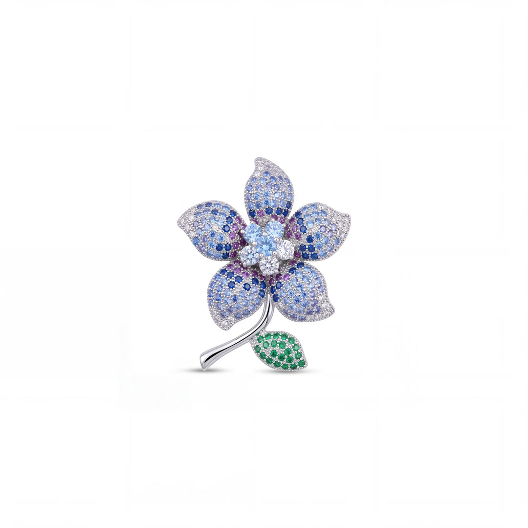 Periwinkle flower brooch for women, rhodium finish - RANGREZ