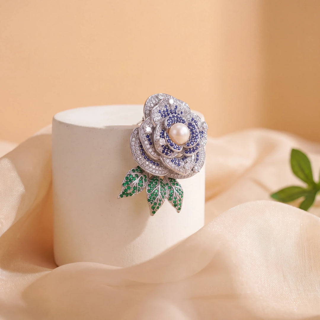 Lavanda rose brooch for women, rhodium finish - RANGREZ (view 2)