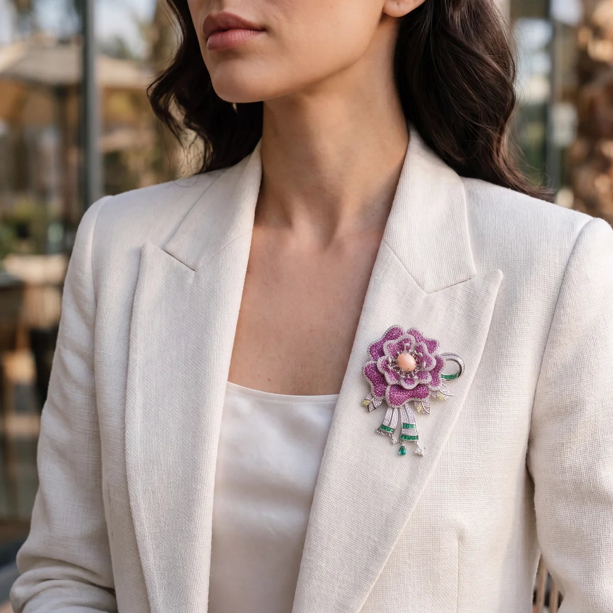 Giselle peony brooch for women, rhodium finish - RANGREZ (view 3)