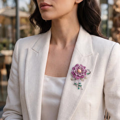 Giselle peony brooch for women, rhodium finish - RANGREZ (view 3)