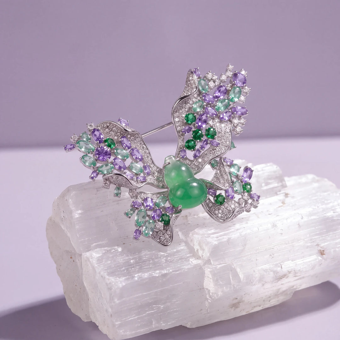 Fleur butterfly brooch for women, rhodium finish - RANGREZ
