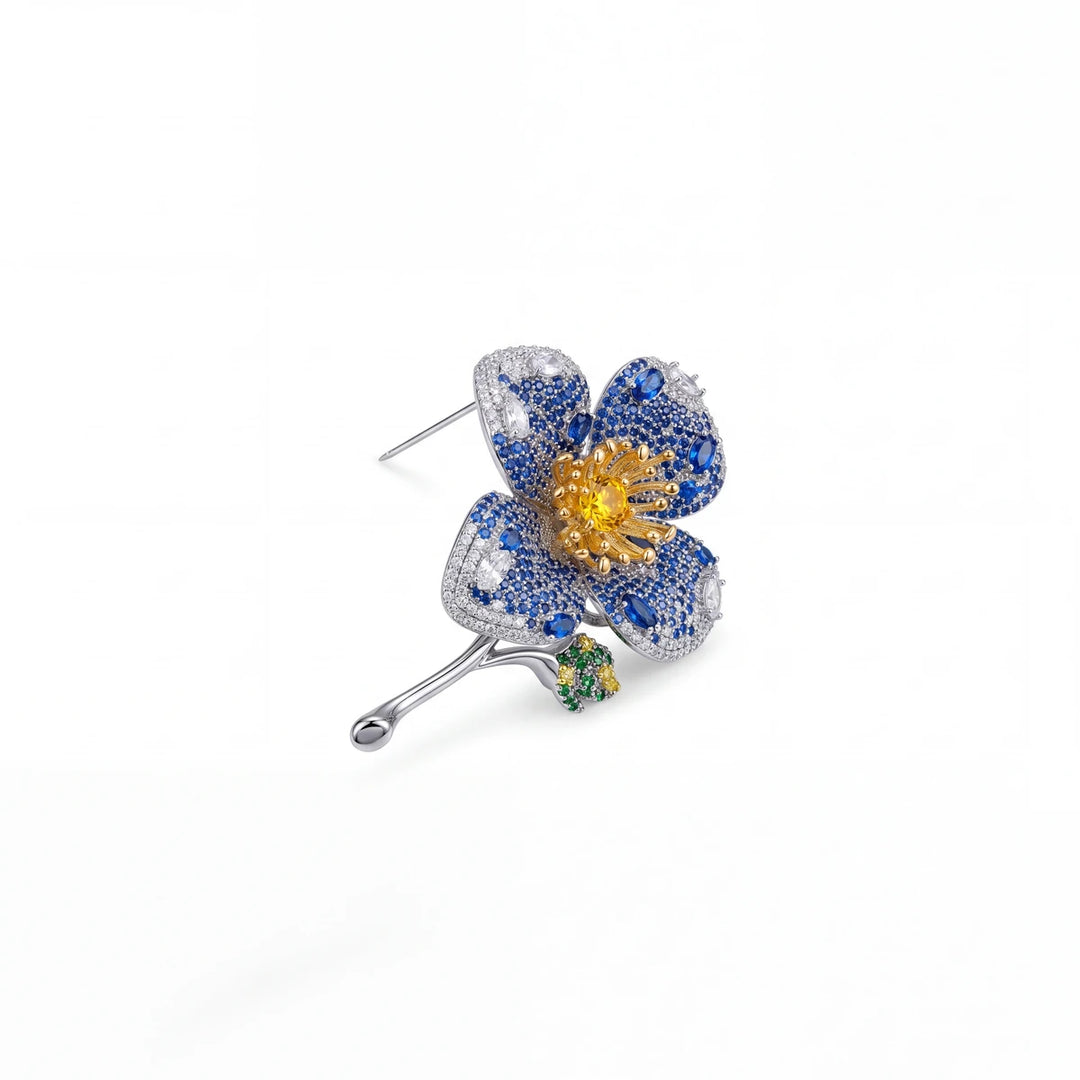 Verbena flower brooch for women, blue, rhodium finish - RANGREZ