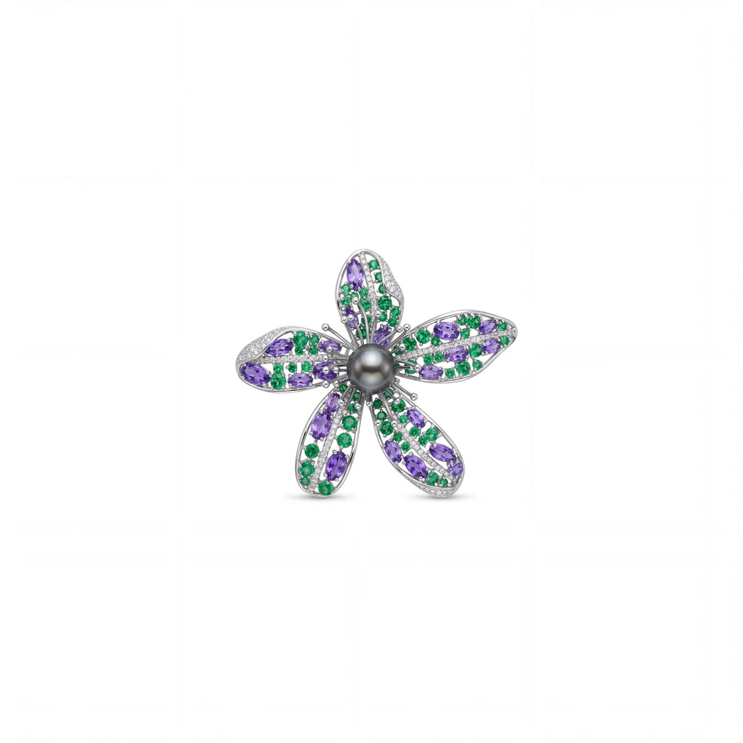 Cassia flower brooch for women, rhodium finish - RANGREZ