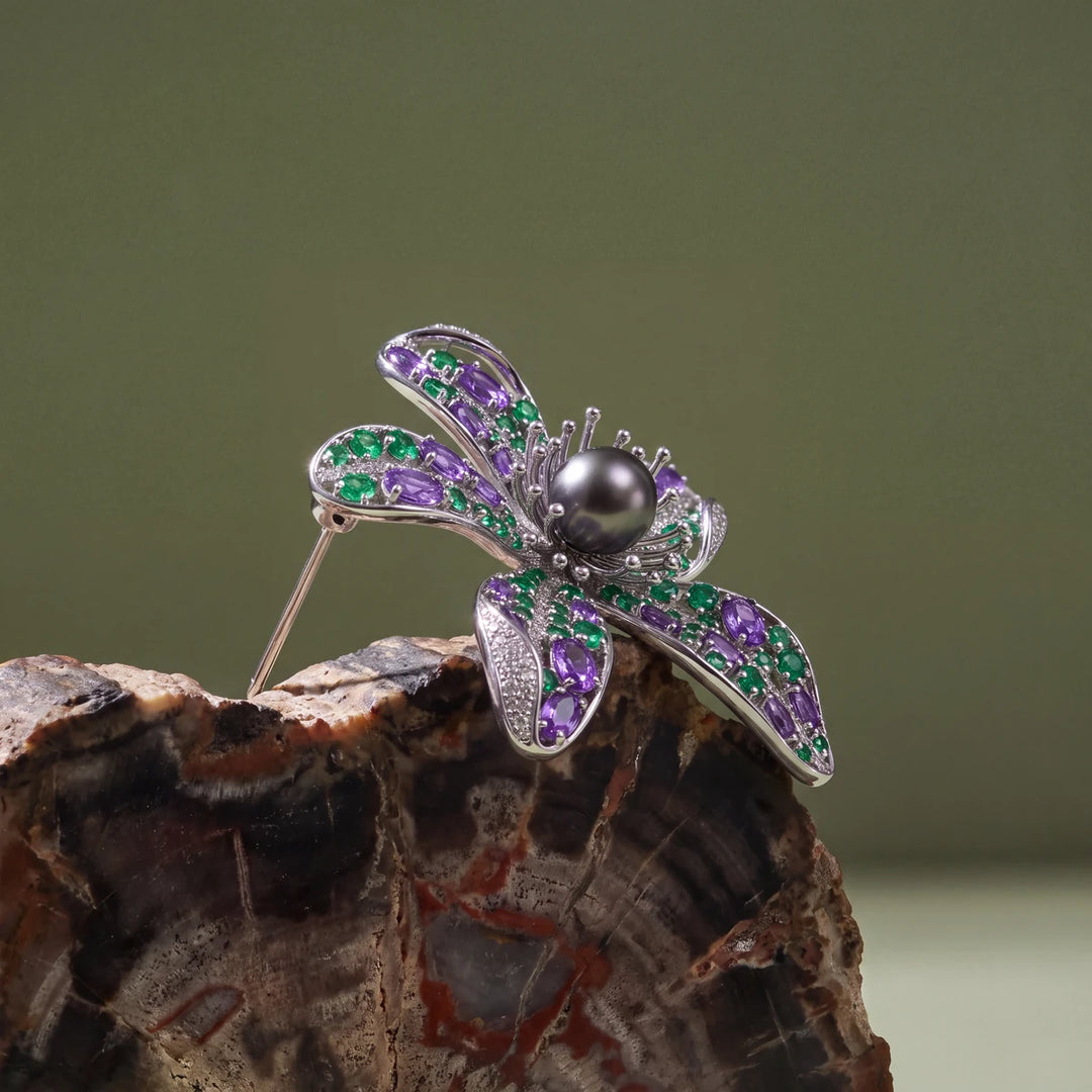 Cassia flower brooch for women, rhodium finish - RANGREZ (view 3)
