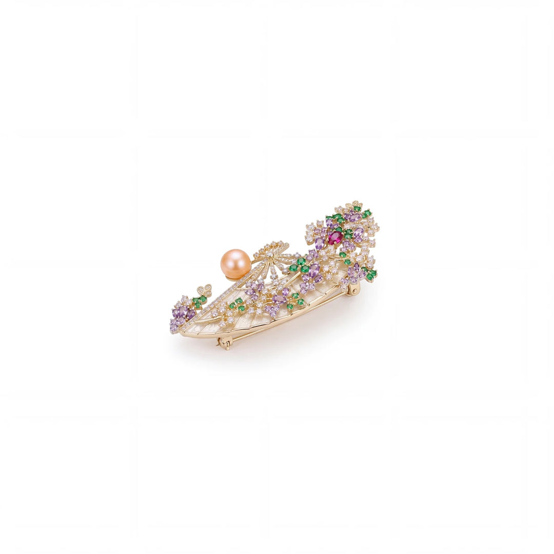 Wisteria fan brooch for women, gold-tone - RANGREZ