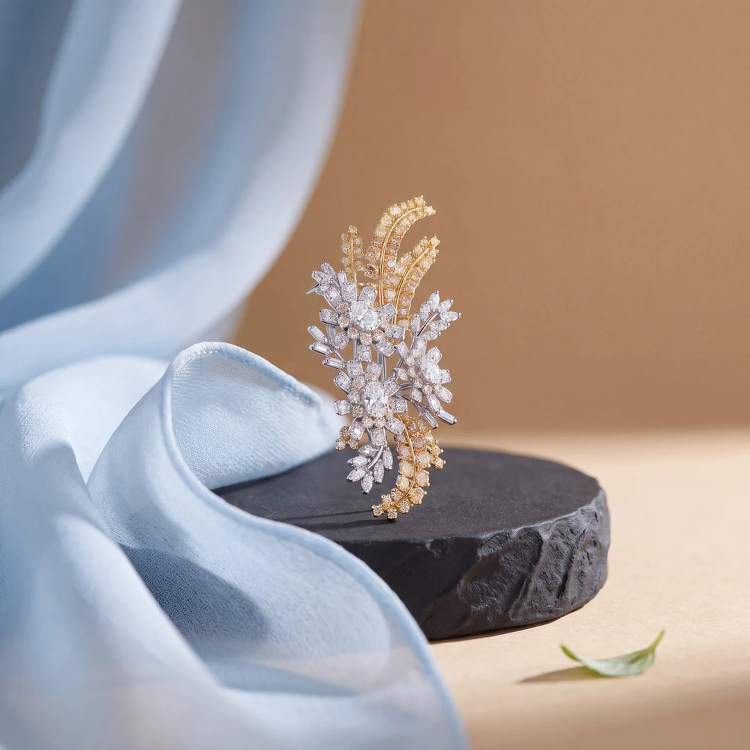 Laurel leaf spray brooch for women, rhodium finish - RANGREZ (view 3)