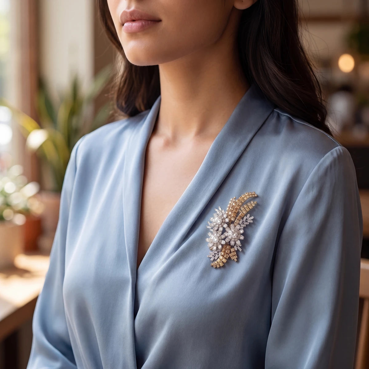 Laurel leaf spray brooch for women, rhodium finish - RANGREZ (view 5)