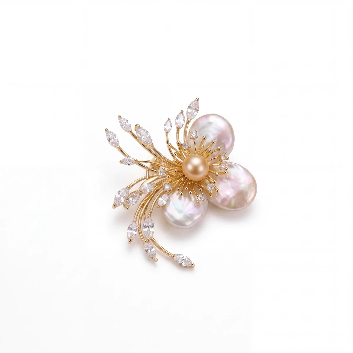 Delphine pearl flower brooch for women, gold-tone - RANGREZ