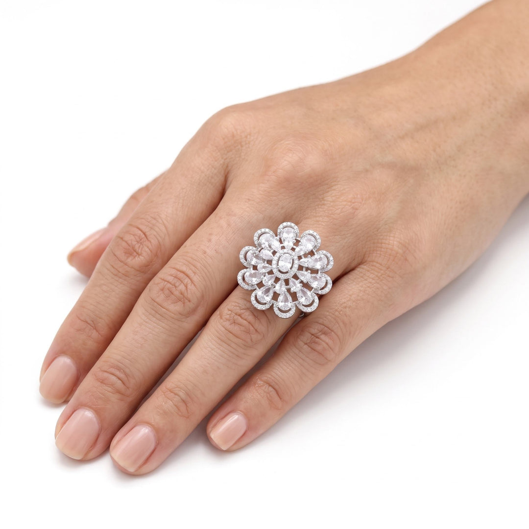 White floral cluster cocktail ring for women - RANGREZ (view 7)